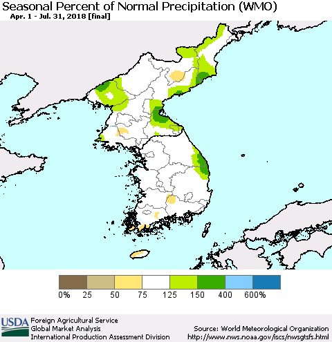 Korea Seasonal Percent of Normal Precipitation (WMO) Thematic Map For 4/1/2018 - 7/31/2018