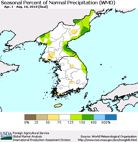Korea Seasonal Percent of Normal Precipitation (WMO) Thematic Map For 4/1/2018 - 8/10/2018