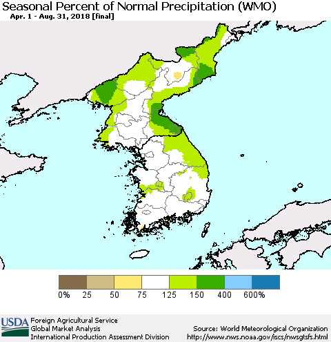 Korea Seasonal Percent of Normal Precipitation (WMO) Thematic Map For 4/1/2018 - 8/31/2018
