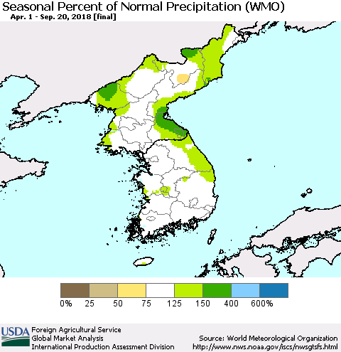 Korea Seasonal Percent of Normal Precipitation (WMO) Thematic Map For 4/1/2018 - 9/20/2018