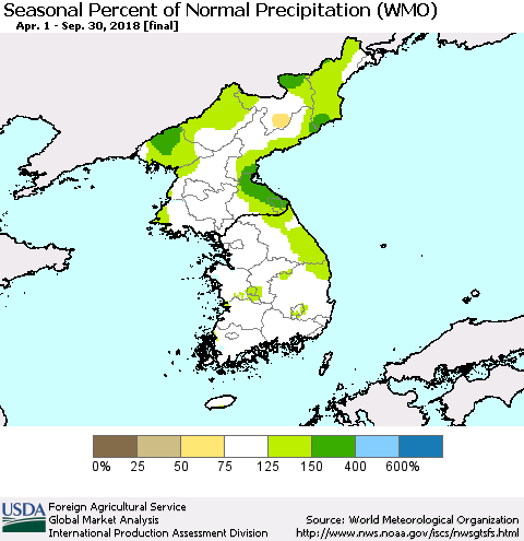 Korea Seasonal Percent of Normal Precipitation (WMO) Thematic Map For 4/1/2018 - 9/30/2018