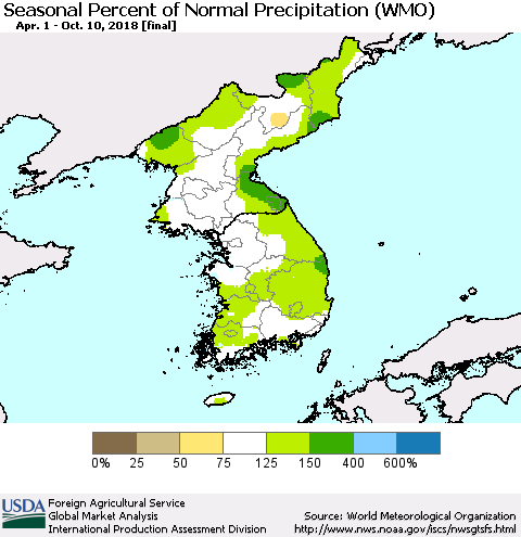 Korea Seasonal Percent of Normal Precipitation (WMO) Thematic Map For 4/1/2018 - 10/10/2018