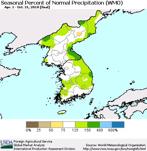 Korea Seasonal Percent of Normal Precipitation (WMO) Thematic Map For 4/1/2018 - 10/31/2018