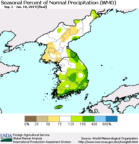 Korea Seasonal Percent of Normal Precipitation (WMO) Thematic Map For 9/1/2018 - 1/10/2019