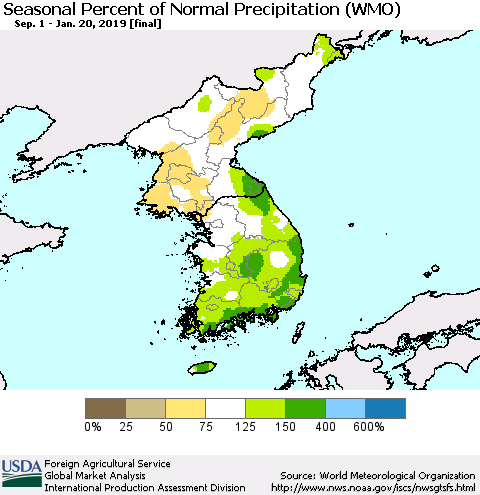 Korea Seasonal Percent of Normal Precipitation (WMO) Thematic Map For 9/1/2018 - 1/20/2019