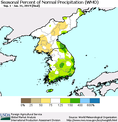 Korea Seasonal Percent of Normal Precipitation (WMO) Thematic Map For 9/1/2018 - 1/31/2019
