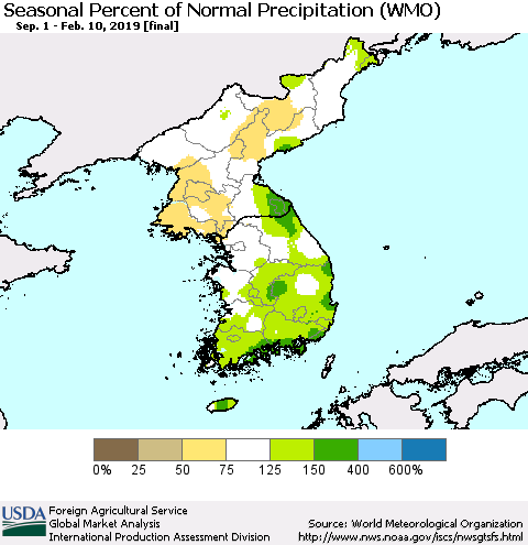 Korea Seasonal Percent of Normal Precipitation (WMO) Thematic Map For 9/1/2018 - 2/10/2019