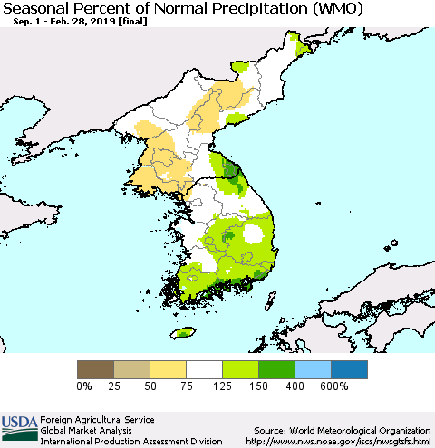 Korea Seasonal Percent of Normal Precipitation (WMO) Thematic Map For 9/1/2018 - 2/28/2019