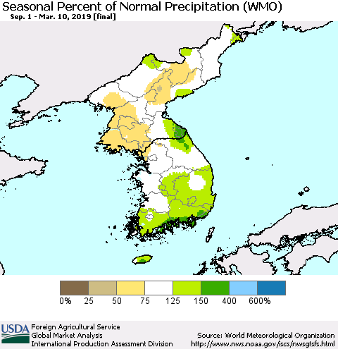 Korea Seasonal Percent of Normal Precipitation (WMO) Thematic Map For 9/1/2018 - 3/10/2019