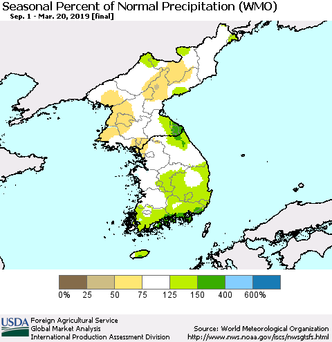 Korea Seasonal Percent of Normal Precipitation (WMO) Thematic Map For 9/1/2018 - 3/20/2019
