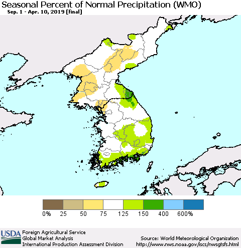 Korea Seasonal Percent of Normal Precipitation (WMO) Thematic Map For 9/1/2018 - 4/10/2019