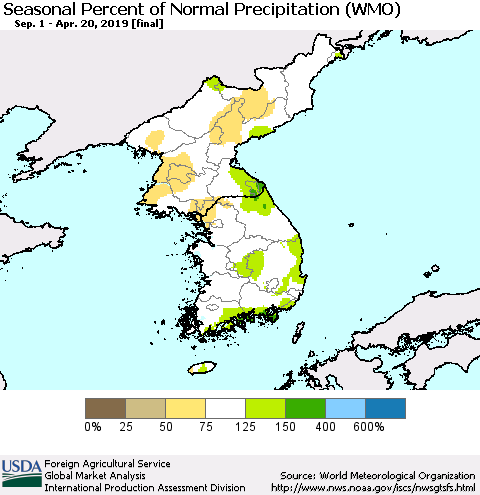 Korea Seasonal Percent of Normal Precipitation (WMO) Thematic Map For 9/1/2018 - 4/20/2019