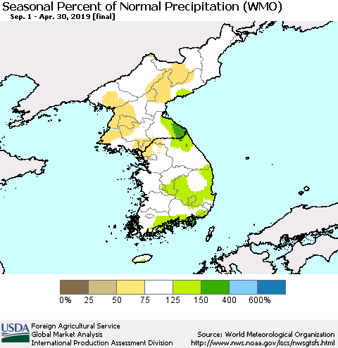 Korea Seasonal Percent of Normal Precipitation (WMO) Thematic Map For 9/1/2018 - 4/30/2019