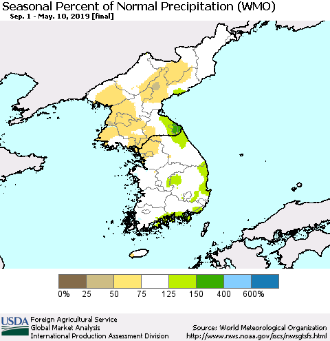 Korea Seasonal Percent of Normal Precipitation (WMO) Thematic Map For 9/1/2018 - 5/10/2019