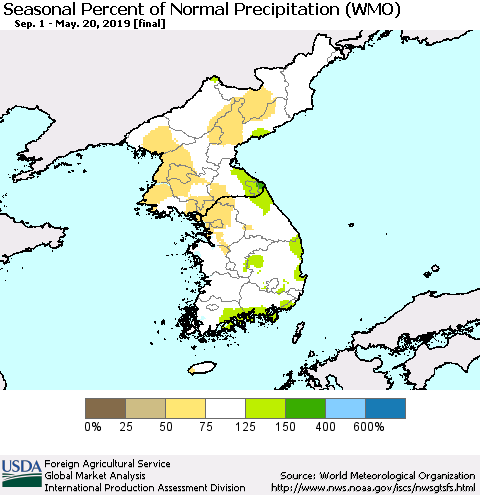Korea Seasonal Percent of Normal Precipitation (WMO) Thematic Map For 9/1/2018 - 5/20/2019