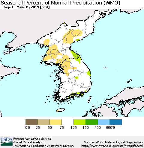 Korea Seasonal Percent of Normal Precipitation (WMO) Thematic Map For 9/1/2018 - 5/31/2019