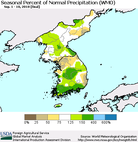 Korea Seasonal Percent of Normal Precipitation (WMO) Thematic Map For 9/1/2018 - 9/10/2018