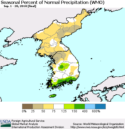 Korea Seasonal Percent of Normal Precipitation (WMO) Thematic Map For 9/1/2018 - 9/20/2018