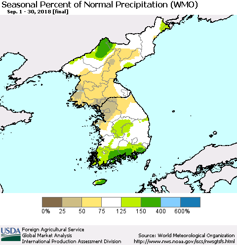 Korea Seasonal Percent of Normal Precipitation (WMO) Thematic Map For 9/1/2018 - 9/30/2018
