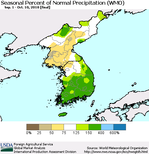 Korea Seasonal Percent of Normal Precipitation (WMO) Thematic Map For 9/1/2018 - 10/10/2018