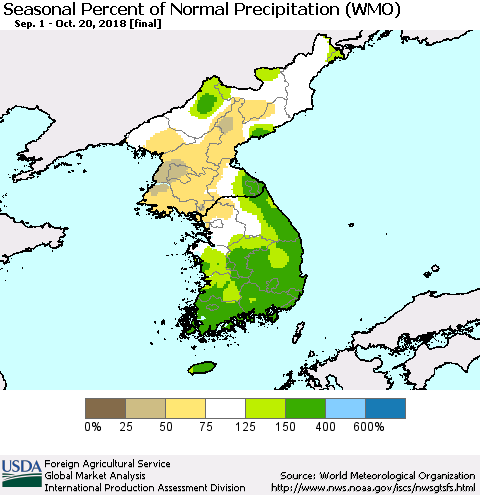 Korea Seasonal Percent of Normal Precipitation (WMO) Thematic Map For 9/1/2018 - 10/20/2018