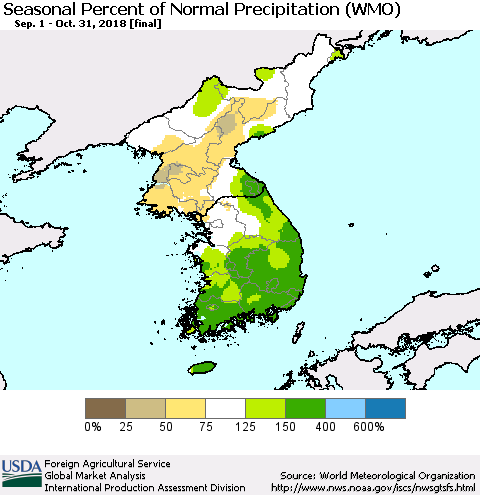 Korea Seasonal Percent of Normal Precipitation (WMO) Thematic Map For 9/1/2018 - 10/31/2018