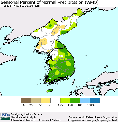 Korea Seasonal Percent of Normal Precipitation (WMO) Thematic Map For 9/1/2018 - 11/10/2018