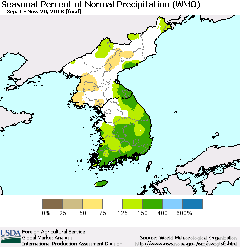 Korea Seasonal Percent of Normal Precipitation (WMO) Thematic Map For 9/1/2018 - 11/20/2018
