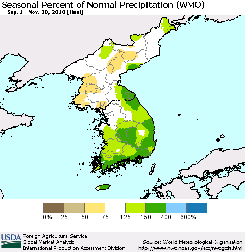Korea Seasonal Percent of Normal Precipitation (WMO) Thematic Map For 9/1/2018 - 11/30/2018