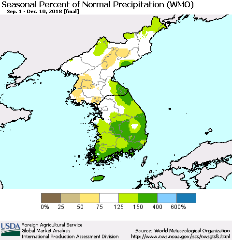Korea Seasonal Percent of Normal Precipitation (WMO) Thematic Map For 9/1/2018 - 12/10/2018