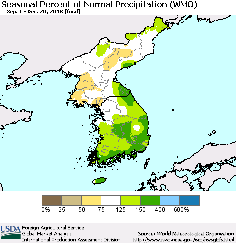 Korea Seasonal Percent of Normal Precipitation (WMO) Thematic Map For 9/1/2018 - 12/20/2018