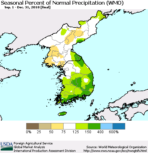 Korea Seasonal Percent of Normal Precipitation (WMO) Thematic Map For 9/1/2018 - 12/31/2018