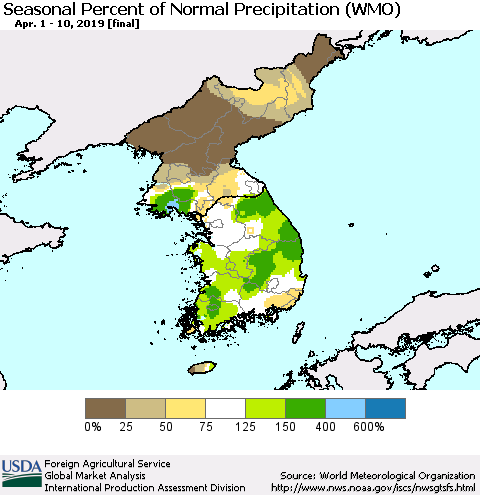 Korea Seasonal Percent of Normal Precipitation (WMO) Thematic Map For 4/1/2019 - 4/10/2019