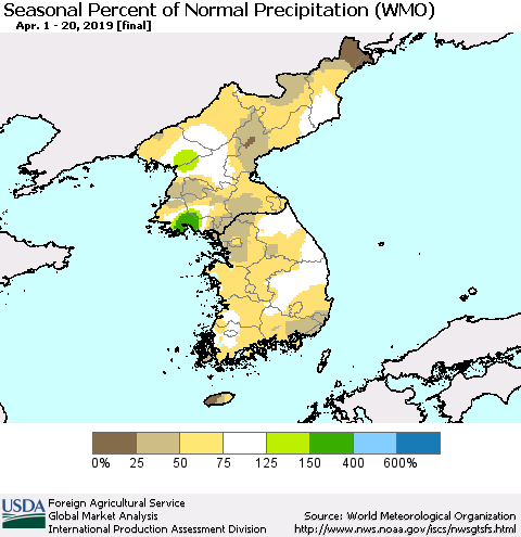 Korea Seasonal Percent of Normal Precipitation (WMO) Thematic Map For 4/1/2019 - 4/20/2019