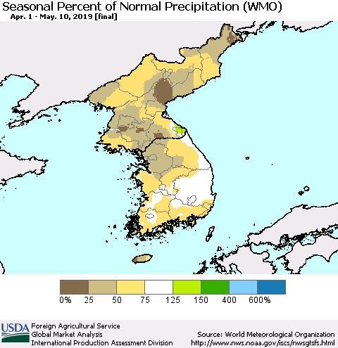 Korea Seasonal Percent of Normal Precipitation (WMO) Thematic Map For 4/1/2019 - 5/10/2019