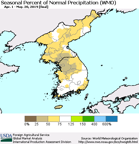 Korea Seasonal Percent of Normal Precipitation (WMO) Thematic Map For 4/1/2019 - 5/20/2019