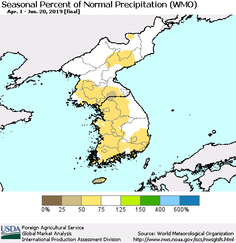 Korea Seasonal Percent of Normal Precipitation (WMO) Thematic Map For 4/1/2019 - 6/20/2019