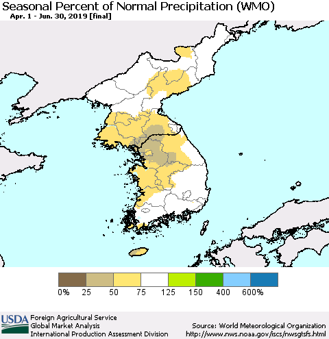 Korea Seasonal Percent of Normal Precipitation (WMO) Thematic Map For 4/1/2019 - 6/30/2019