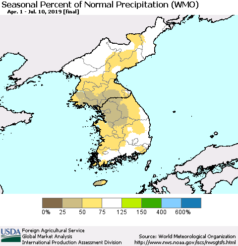 Korea Seasonal Percent of Normal Precipitation (WMO) Thematic Map For 4/1/2019 - 7/10/2019
