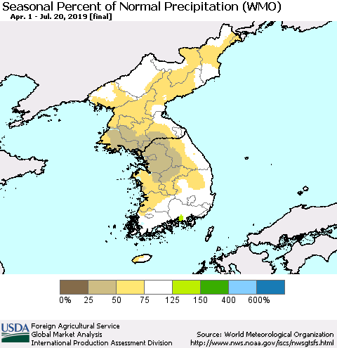Korea Seasonal Percent of Normal Precipitation (WMO) Thematic Map For 4/1/2019 - 7/20/2019