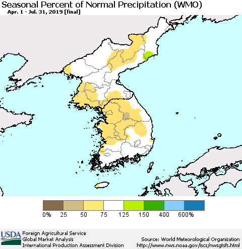 Korea Seasonal Percent of Normal Precipitation (WMO) Thematic Map For 4/1/2019 - 7/31/2019