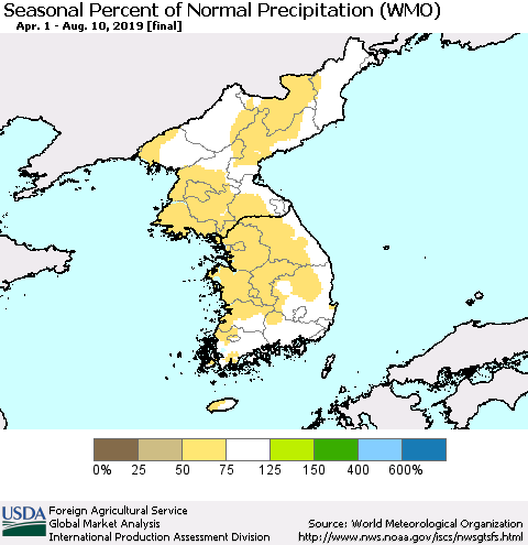 Korea Seasonal Percent of Normal Precipitation (WMO) Thematic Map For 4/1/2019 - 8/10/2019