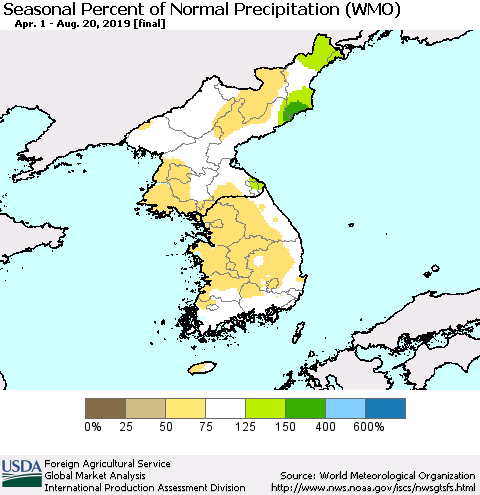Korea Seasonal Percent of Normal Precipitation (WMO) Thematic Map For 4/1/2019 - 8/20/2019