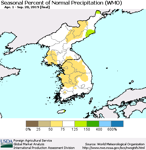 Korea Seasonal Percent of Normal Precipitation (WMO) Thematic Map For 4/1/2019 - 9/20/2019