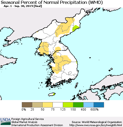 Korea Seasonal Percent of Normal Precipitation (WMO) Thematic Map For 4/1/2019 - 9/30/2019