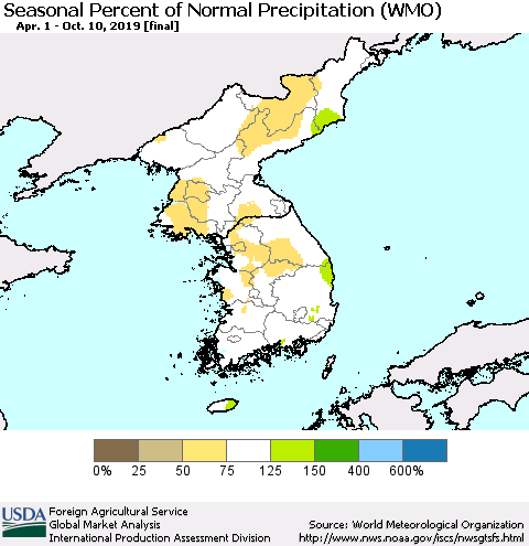 Korea Seasonal Percent of Normal Precipitation (WMO) Thematic Map For 4/1/2019 - 10/10/2019