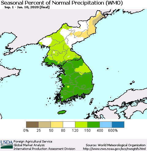 Korea Seasonal Percent of Normal Precipitation (WMO) Thematic Map For 9/1/2019 - 1/10/2020