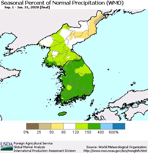 Korea Seasonal Percent of Normal Precipitation (WMO) Thematic Map For 9/1/2019 - 1/31/2020