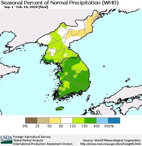 Korea Seasonal Percent of Normal Precipitation (WMO) Thematic Map For 9/1/2019 - 2/10/2020