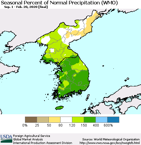 Korea Seasonal Percent of Normal Precipitation (WMO) Thematic Map For 9/1/2019 - 2/20/2020
